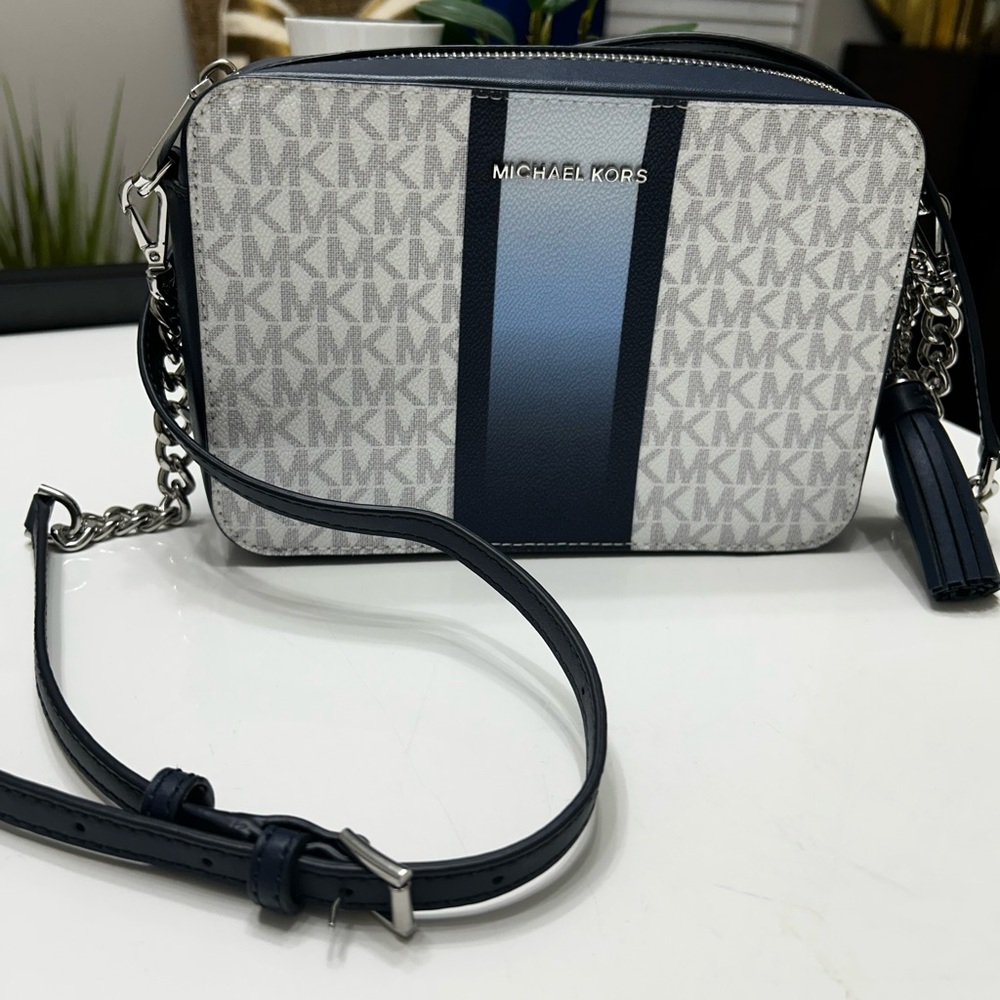 Michael Kors Blue and Gray Monogram Signature Jet Set Small Camera Crossbody Bag